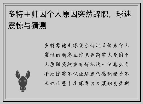 多特主帅因个人原因突然辞职，球迷震惊与猜测
