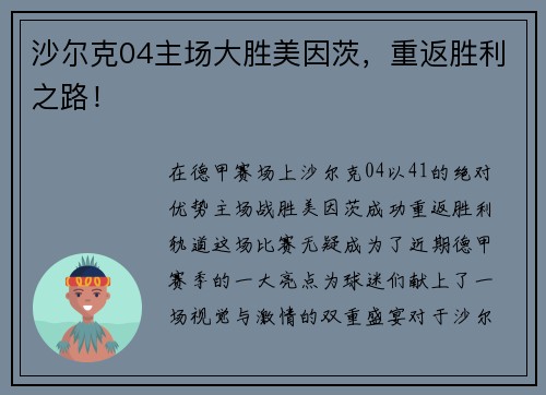 沙尔克04主场大胜美因茨，重返胜利之路！